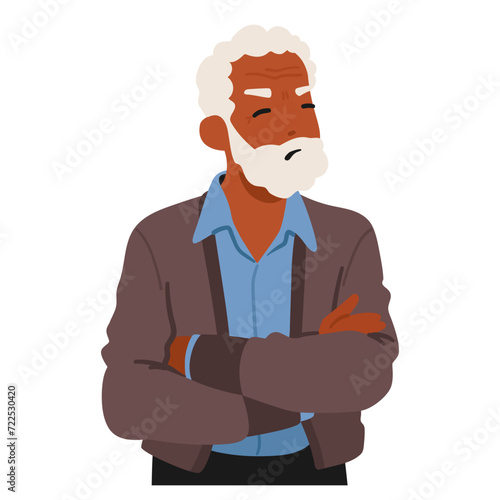 Offended Senior Male Character. Elderly Black Man Stands With His Arms Crossed, A Stern Expression On His Face