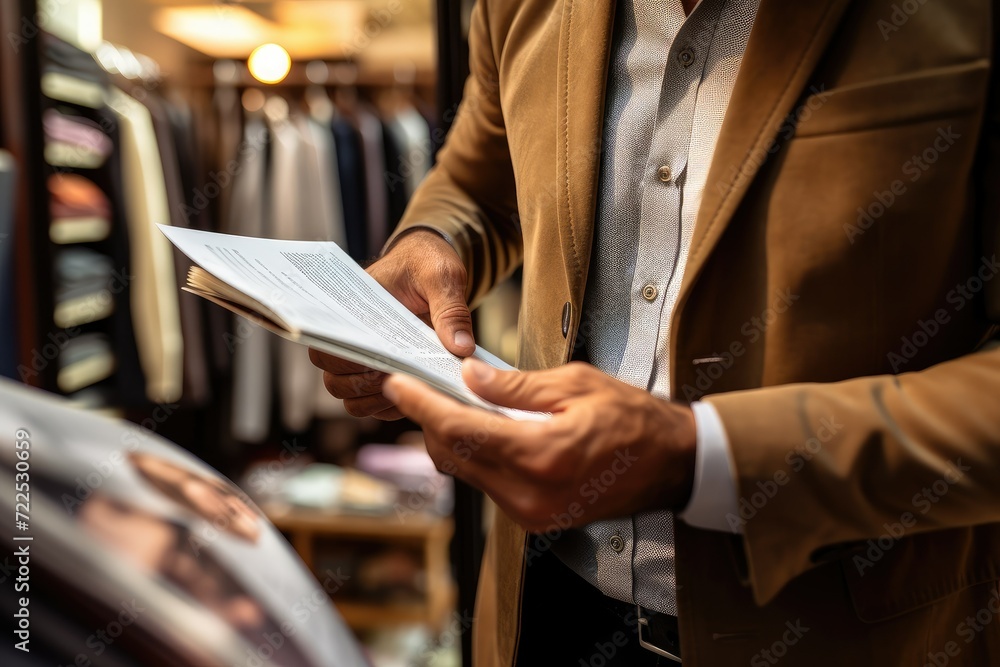 Midsection of businessman reading document while standing in clothing store during shopping. reading habit concept. Reading hobby. bookworm.