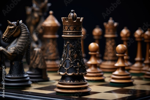 Closeup of chess board, idea tactic strategy background theme. Wooden chess pieces on a chessboard. dark background. Macro photo of chess pieces on a chess board.