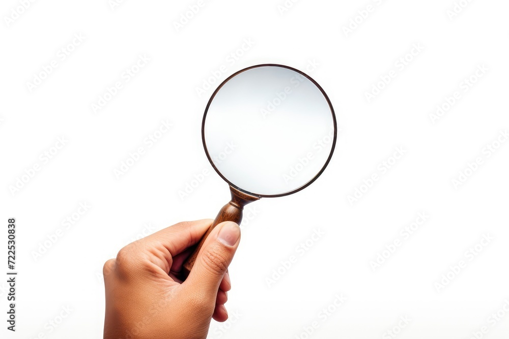 Hand holding a Magnifying glass symbol of search. discovery and finding concept. Magnifying glass in hand isolated on white background. Close up. Hand holding a Magnifying glass symbol of search. discovery and finding concept. Magnifying glass in hand isolated on white background. Close up.