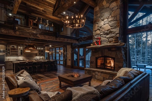 Rustic mountain lodge with stone fireplace and cozy interiors