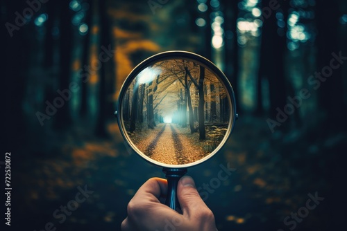 Magnifying glass in the hand of a man in autumn forest. searching and discoveries concept. concept of curiosity and searching.