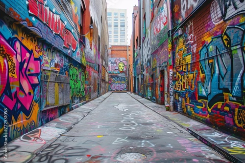 Artistic graffiti alley with colorful murals and urban flair © Bijac