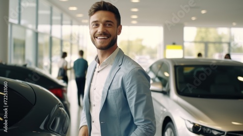 Wallpaper Mural Man happy customer for buyer new car auto, male want buy automobile in showroom vehicle dealership store motor show indoor Sales Torontodigital.ca