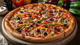 veggie supreme pizza with a crispy crust, robust tomato sauce, melty cheese, and an array of vibrant vegetables such as bell peppers, onions, olives, and mushrooms