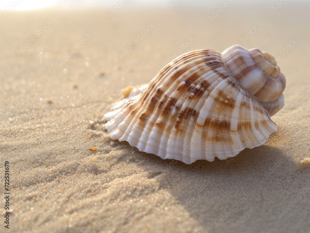 Close-up of a single, pristine seashell on a sandy beach. Close-up of a single, pristine seashell on a sandy beach.