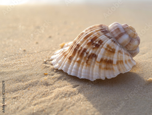 Close-up of a single, pristine seashell on a sandy beach. © Bela