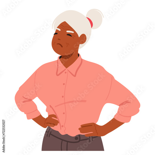Indignant Elderly Woman Vector Character, Eyes Narrowing With Displeasure, Arms Akimbo, Expresses Offense