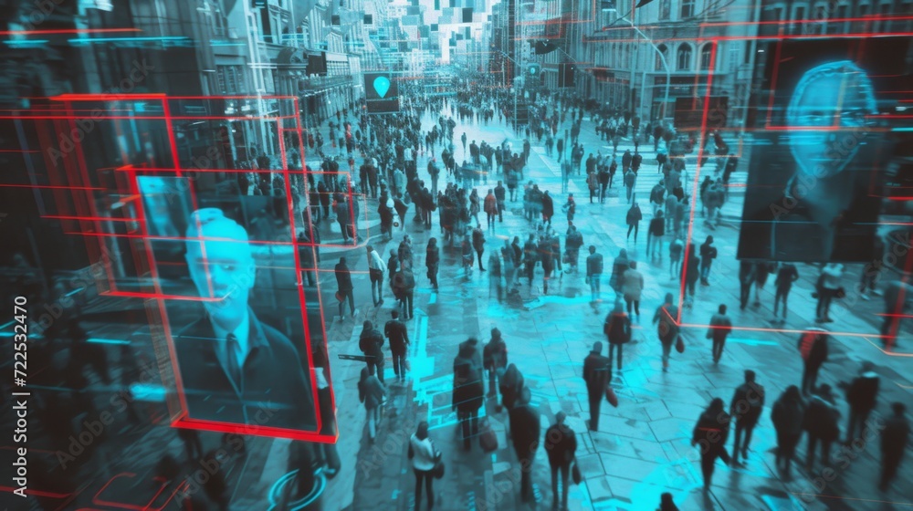 An artistic interpretation of a bustling city square under AI surveillance, faces being identified by advanced cameras, colorful and busy urban environment
