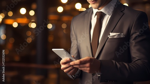 Business professional networking at a corporate event, holding a smartphone and exchanging business cards