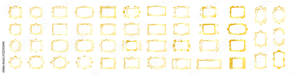 Gold hand drawn line, border, frame vector design element set. Golden doodle vector frame set