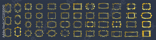 Gold hand drawn line, border, frame vector design element set. Golden doodle vector frame set