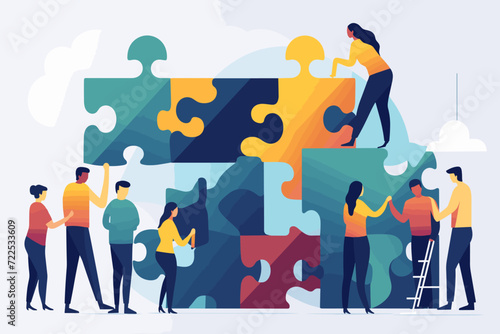Collaborative Success: Diverse Team Solving Puzzle Together, Symbolizing Unity in Teamwork, Strategic Partnership, and Collective Problem-Solving, Business People Joining Pieces in Harmony.
