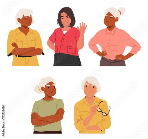 Indignant Elderly Women Characters Express Displeasure, Their Furrowed Brows And Sharp Remarks Revealing Offense