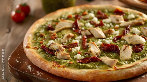 pesto chicken pizza with a thin crust, fragrant basil pesto sauce, tender chicken pieces, creamy ricotta cheese, and sun-dried tomatoes for bursts of sweetness
