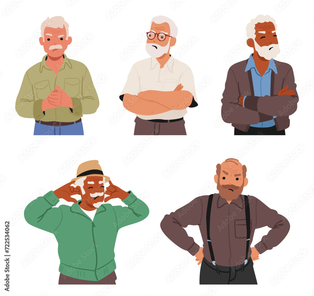 Elderly Men, Dismayed And Hurt, Express Offense, Their Seasoned Hearts Wounded By Perceived Slights, Vector Set Elderly Men, Dismayed And Hurt, Express Offense, Their Seasoned Hearts Wounded By Perceived Slights, Vector Set