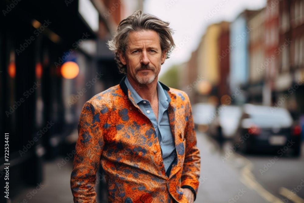 Portrait of a handsome middle-aged man in an orange jacket on a city street. Portrait of a handsome middle-aged man in an orange jacket on a city street.