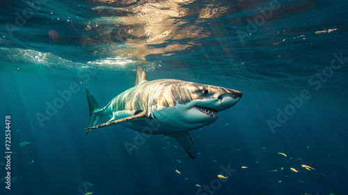 Great white shark underwater view. White shark marine predator big. Generative Ai