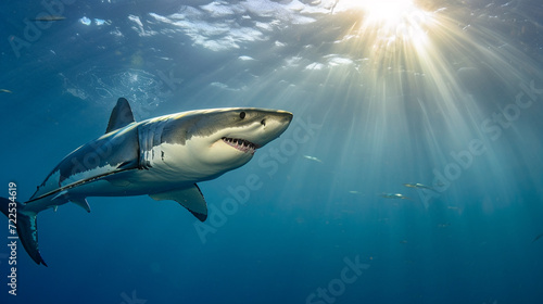 Great white shark with its main four fings swimming under sun rays in the blue sea. Generative Ai