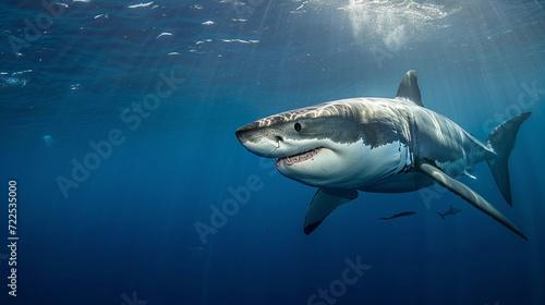Great White Sharks. selective image of Great white shark with blue background. Generative Ai © We3 Animal