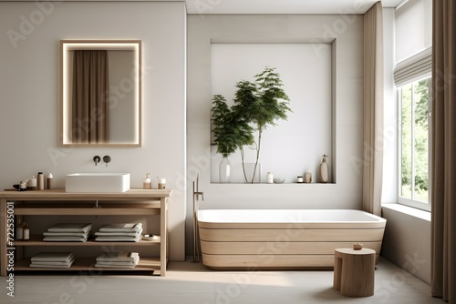 Scandinavian bathroom interior in light colors with a ceramic sink, mirror and large bathtub. House apartment design in a minimalist style © Vladimir