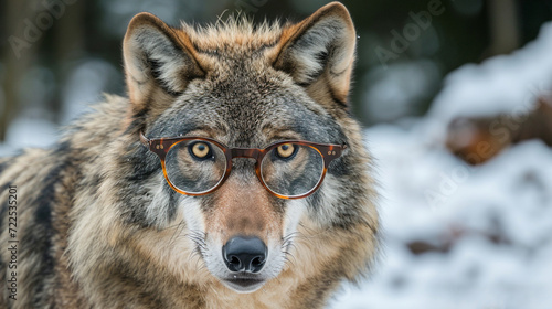 Grey Wolf  Canis lupus  with glasses. portrait of wolf with glasses. Generative Ai