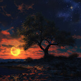 Charmed Twilight Scene with a Blazing Warm Moon