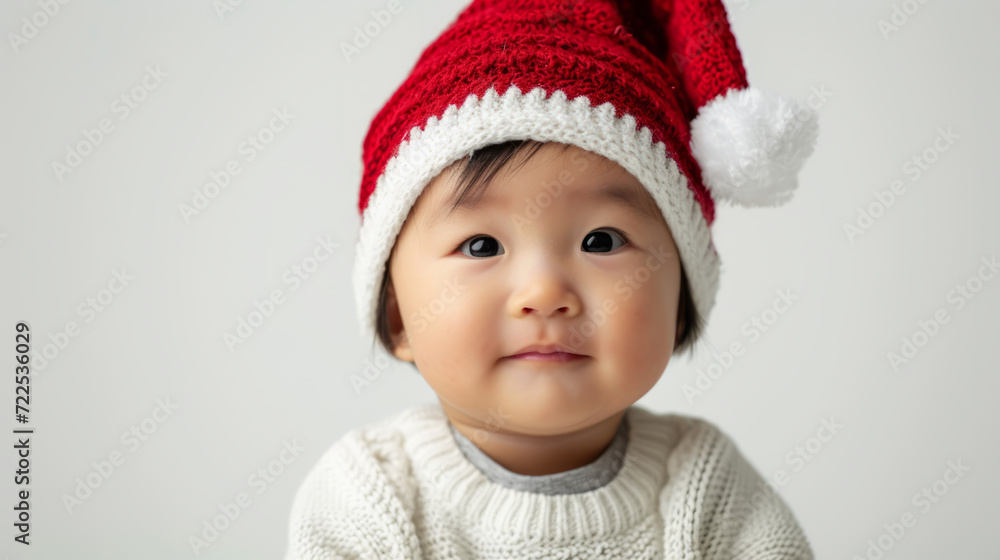 Portrait of an asian baby with a christmas hat on white studio background Portrait of an asian baby with a christmas hat on white studio background