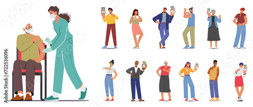 Vector Set of Characters Display Vaccination Codes On Smartphones, Providing Quick Access To Immunization Records