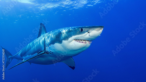 great white shark in blue ocean. underwater blue sea waves clear water shark swims. Generative Ai