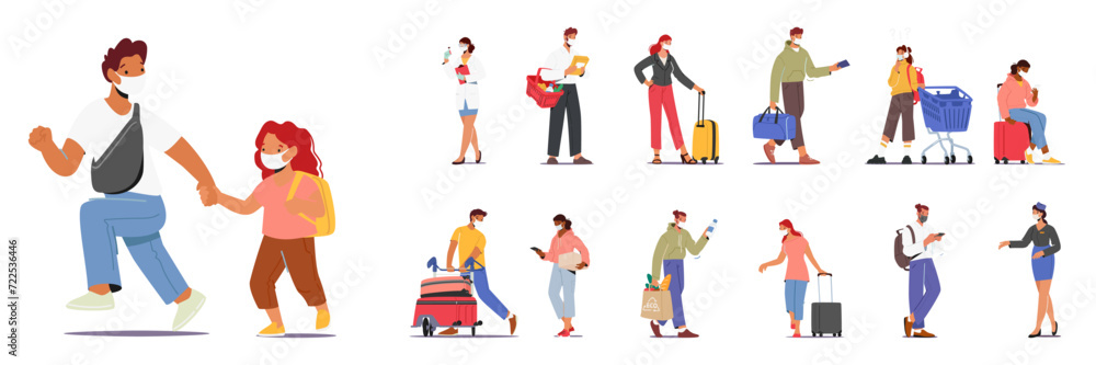 Set of Characters In Medical Masks Protect Themselves And Others From Airborne Particles, Viruses, And Diseases Set of Characters In Medical Masks Protect Themselves And Others From Airborne Particles, Viruses, And Diseases