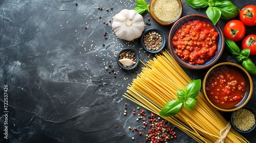 Food background. Italian food background with pasta, ravioli, tomatoes, olives and basil