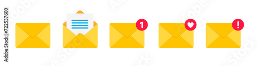 Yellow mail envelope icon set with new message marker. Email letter notification with mark. Vector illustration