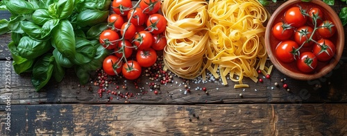 Food background. Italian food background with pasta, ravioli, tomatoes, olives and basil