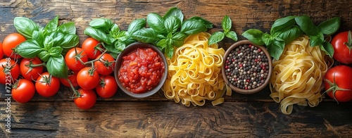 Food background. Italian food background with pasta, ravioli, tomatoes, olives and basil photo