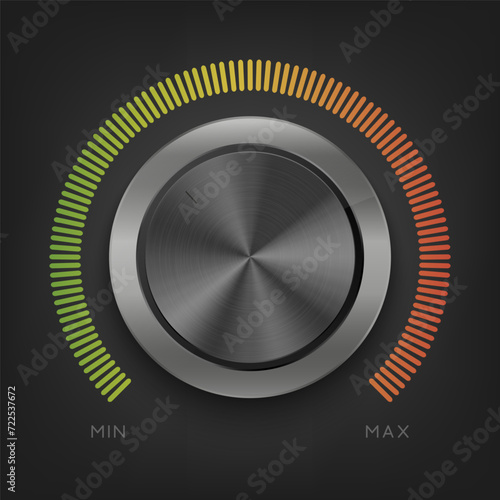 Realistic black metal control panel tumbler. Music audio sound volume knob button minimum maximum level. Rotate switch interface. Vector illustration