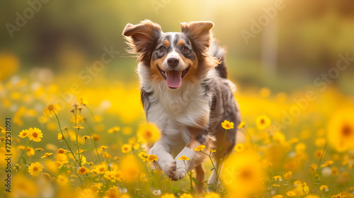 Funny and happy dog jumping on a flower meadow