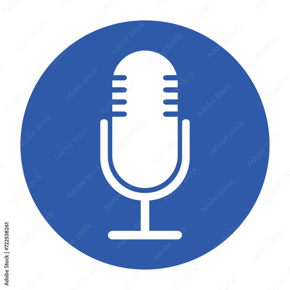 The microphone icon in a blue circle isolated on a white background. Logo, application, user interface. Podcast radio icon. Studio microphone table broadcast. Recording Studio. Voice vector icon. The microphone icon in a blue circle isolated on a white background. Logo, application, user interface. Podcast radio icon. Studio microphone table broadcast. Recording Studio. Voice vector icon.