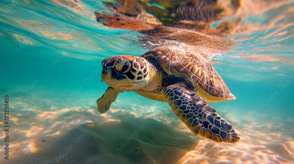 Obraz premium Sea turtle swims under water on the background of coral reefs