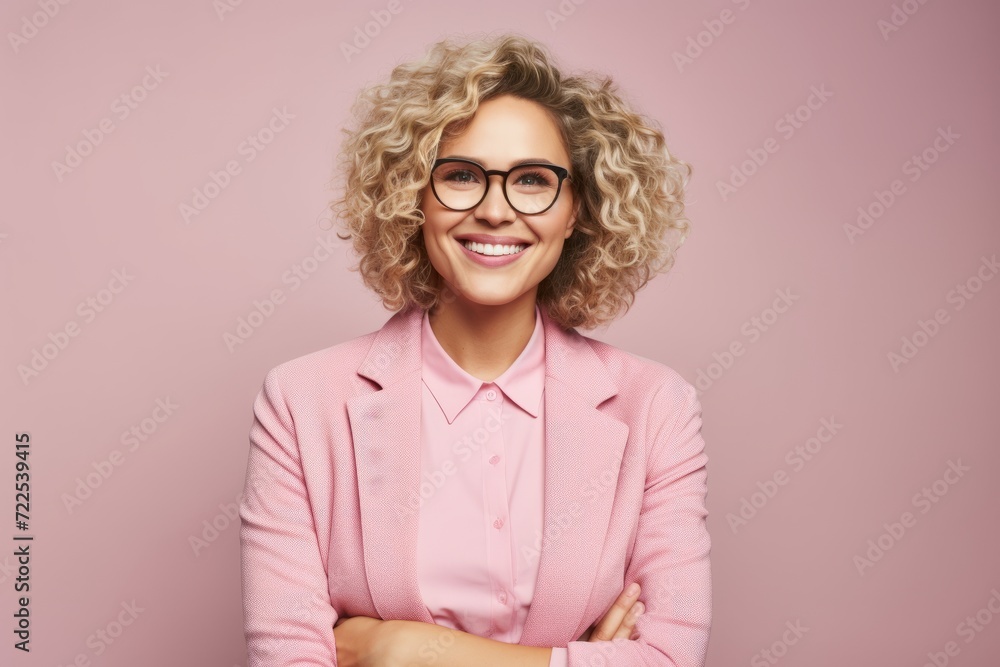 Portrait of smiling business woman in eyeglasses with curly hair