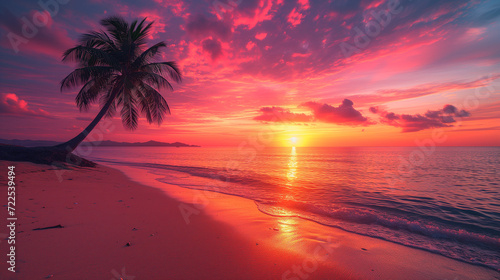 Beautiful sunset tropical beach with palm tree and pink sky for travel and vacation in holiday relax time © Sami Ullah
