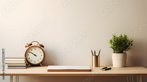 Businessman's well-organized desk with a minimalist clock, notepad, and office essentials photo