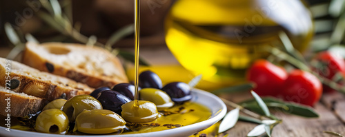 Extra Virgin Olive Oil Pouring into Bowl with Olives, Rustic Mediterranean Cuisine