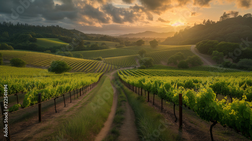 Spectacular wide angle view of Italian vineyards across the rolling hills at sunset