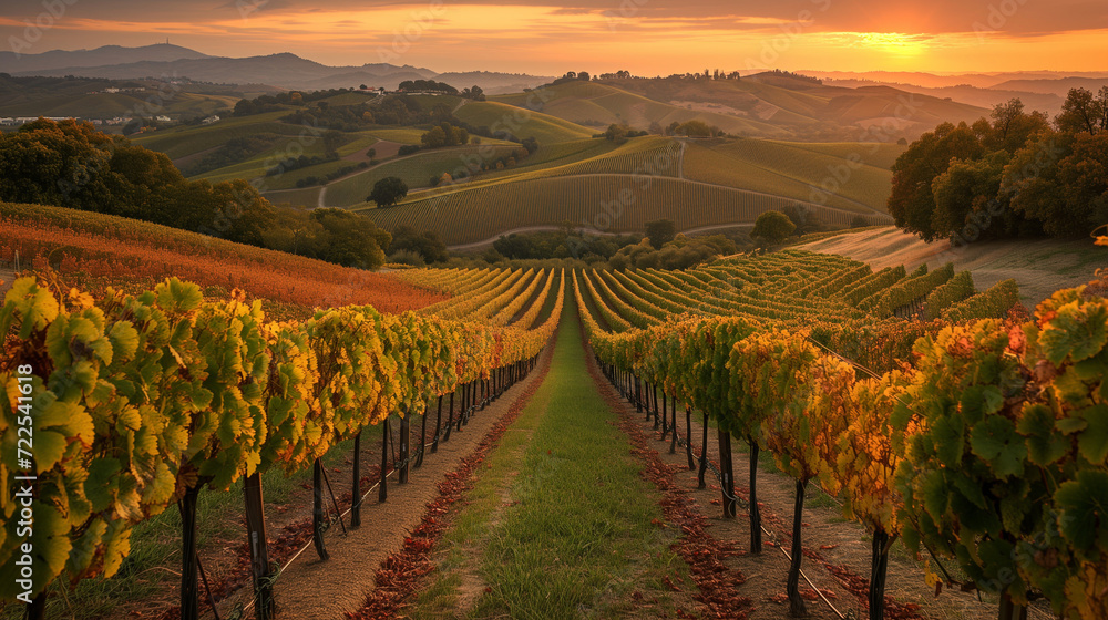 Naklejka premium Spectacular wide angle view of Italian vineyards across the rolling hills at sunset