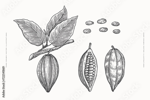 Sketch of cocoa plants. Hand drawn botanical illustration on white background. The concept of organic food. Vintage engraved sketch.