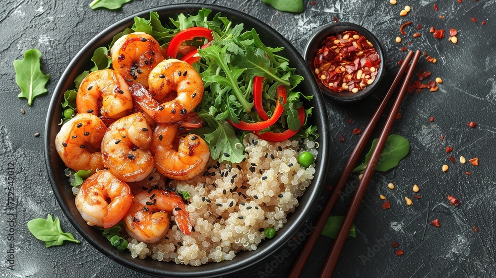 Hawaiian poke bowl with shrimp, quinoa, avocado, cucumber and greens on a dark concrete background Hawaiian poke bowl with shrimp, quinoa, avocado, cucumber and greens on a dark concrete background