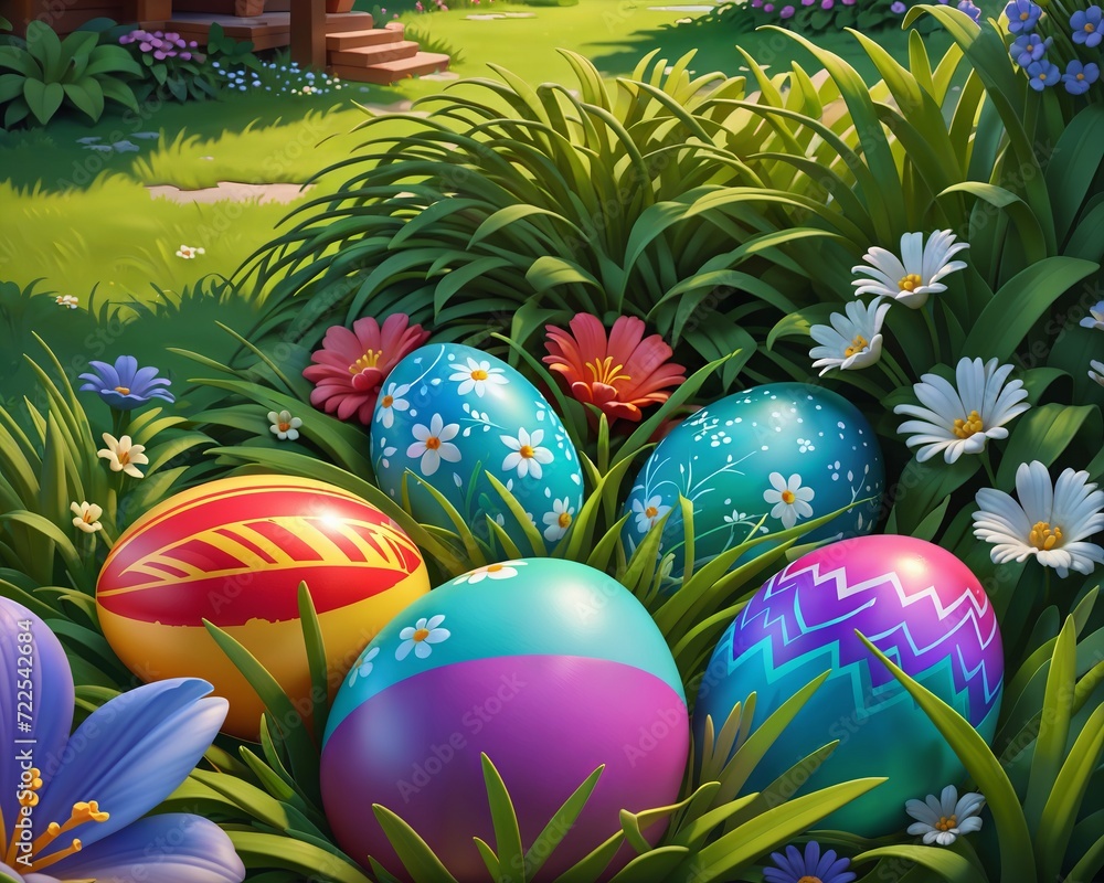 Vibrant Easter eggs painted with intricate patterns nestled among lush green grass and colorful spring flowers