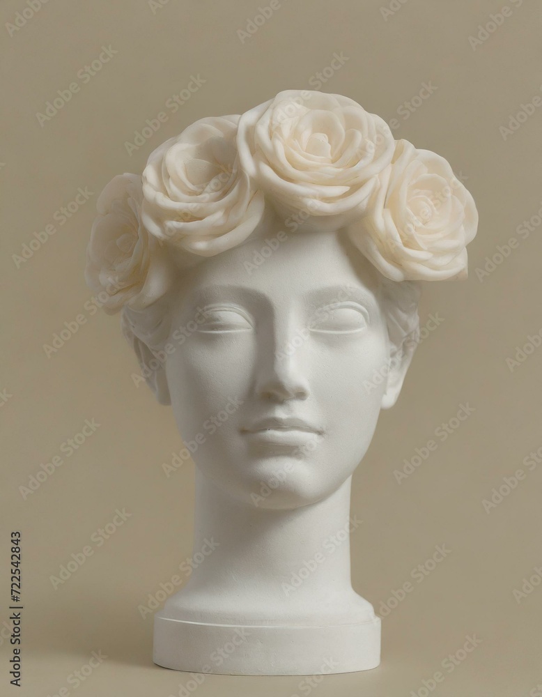 Sculpture of the head of a woman with flowers on her head isolated on background in neutral color Sculpture of the head of a woman with flowers on her head isolated on background in neutral color