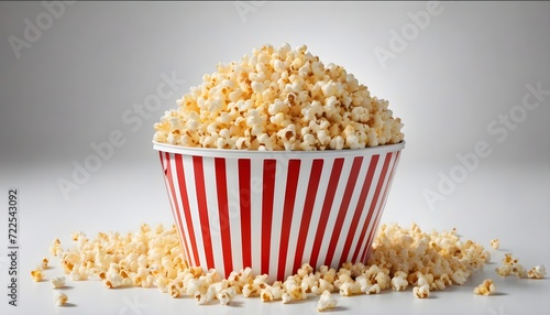 A bucket overflowing with popcorn on a light background, with scattered kernels.